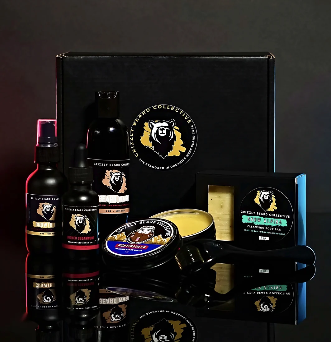 Grizzly Beard Collective box set: Beard Growth Oil, Smoked Cedarwood beard oil, Beard Wash, Nightcrawler beard butter, Snow Alpina body bar and derma roller
